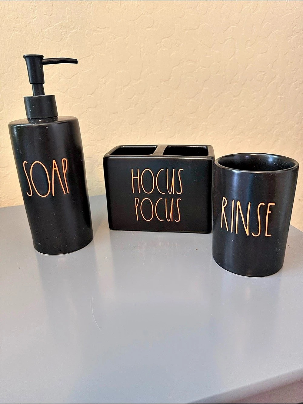 Rae Dunn Halloween Hocus Pocus Bathroom Accessory Set Black 3-Piece Set